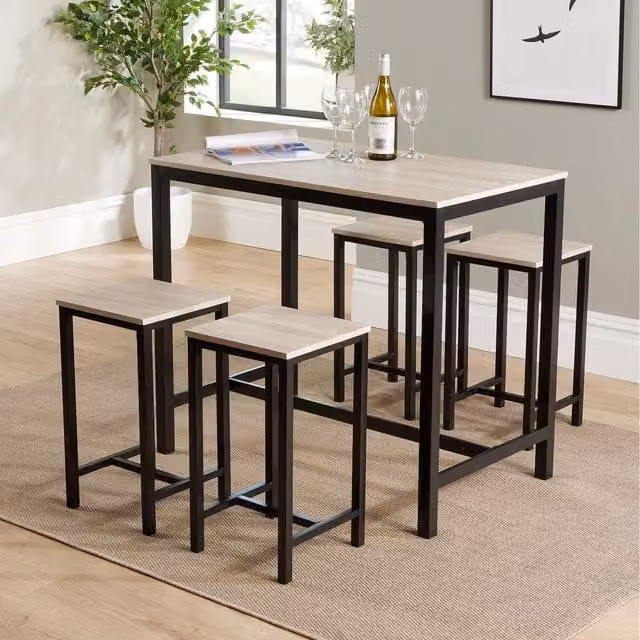 Home Source Nicosia Rectangular Dining Table and Bar Stool Set in Oak with Grey, Brown and Beige Accents