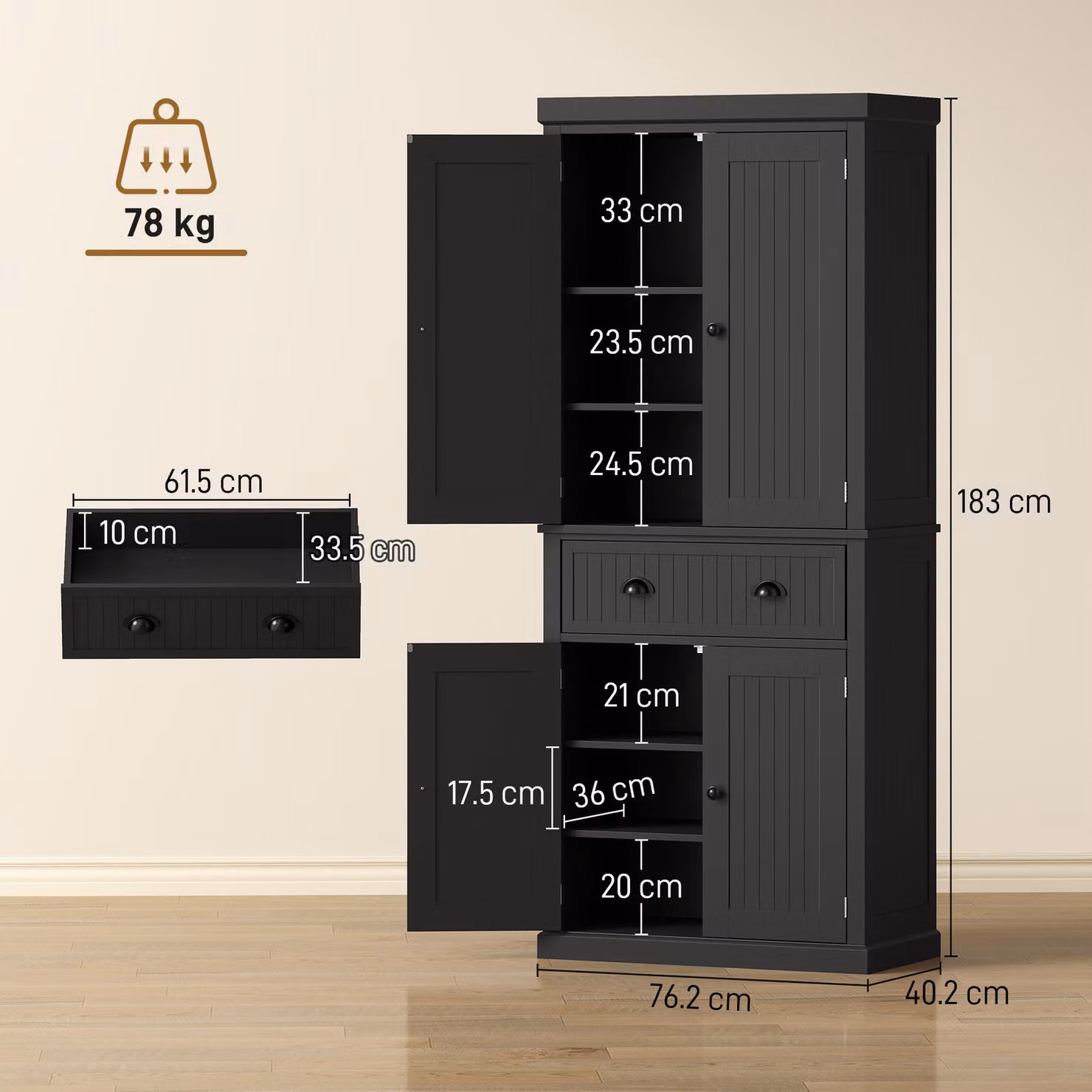 HOMCOM Black Kitchen Storage Cabinet with Drawer, Adjustable Internal Shelves and Hinged Doors, H 183.0 x W 76.2 x D 39.3 cm – 3