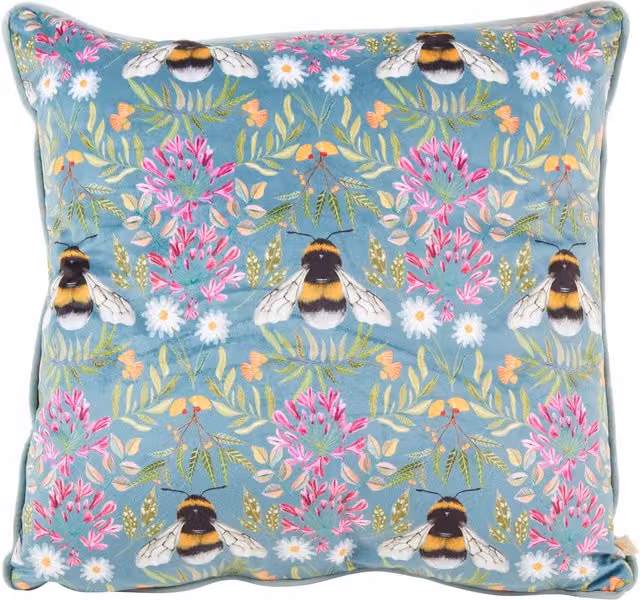 Wylder Nature House of Bloom Zinnia Bee Repeat Piped Cushion in Blue and Grey, W/D/H: 43 x 43 x 43 cm