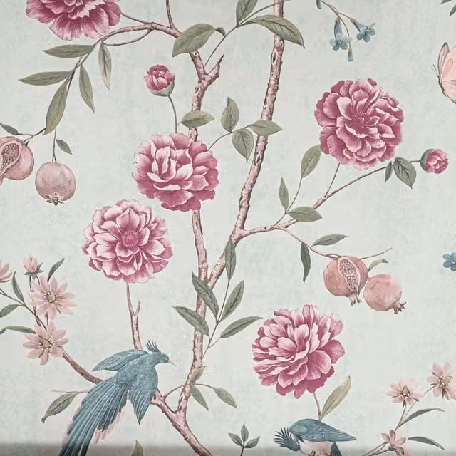 Arthouse Chinoise Floral Wallpaper with Birds and Fruit in Grey, Green and Purple