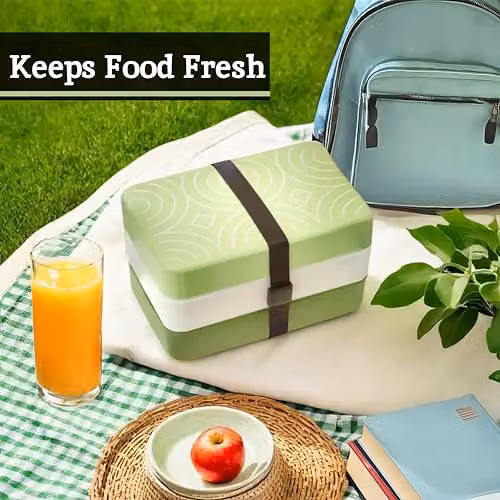 Premier Housewares Green and White Stackable Compact Bento Lunch Box with Cutlery and Compartments – 4