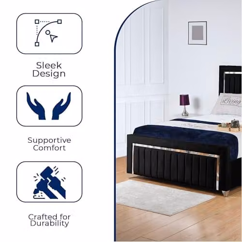 Living Comfort Bedz Zurich Plush Velvet Bed with Vertical Lined Headboard and Footboard in Black with Silver Trim, 5FT King, W/D/H: 180 x 150 x 122 cm – 3