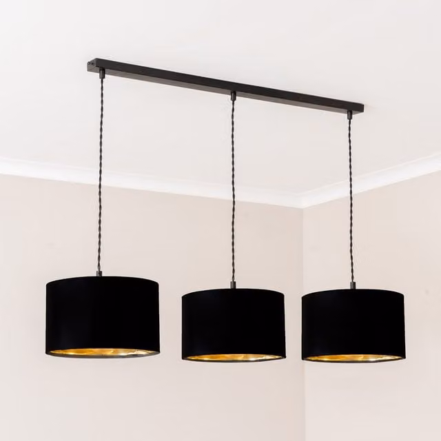 ValueLights Reni 3 Drop Bar Metallic Shade Pendant Ceiling Light in Matte Black and Gold