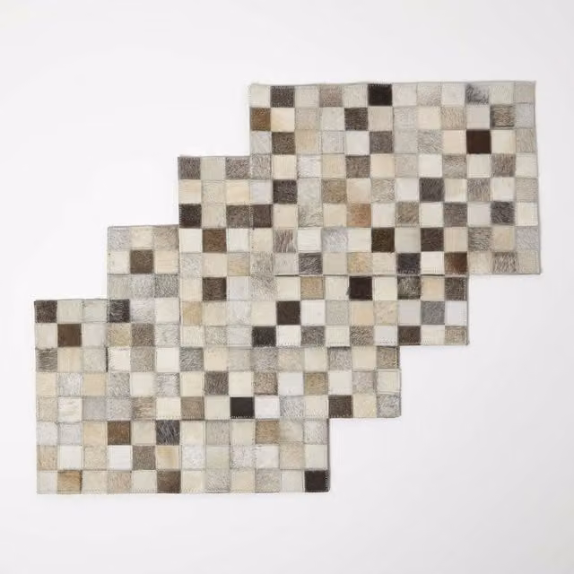 Homescapes Set of 4 Grey Checked Leather Placemats, W/D: 30 x 30 cm