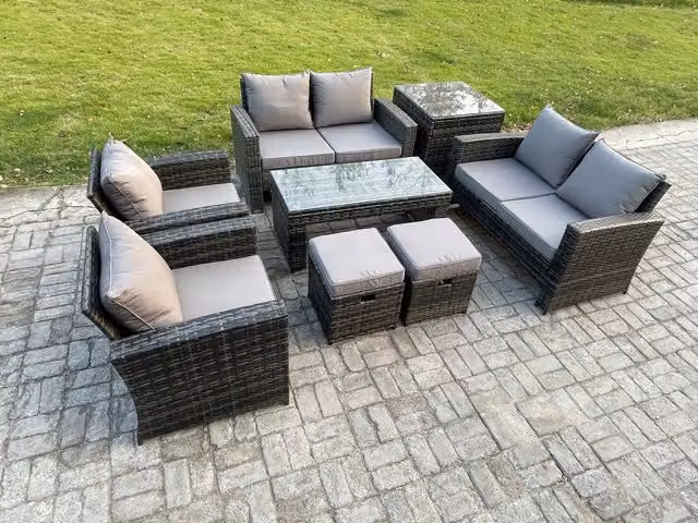 Fimous 8 Seater Dark Grey Polyrattan Garden Furniture Set with High Back Sofa, Love Seat, Armchairs and Coffee Table