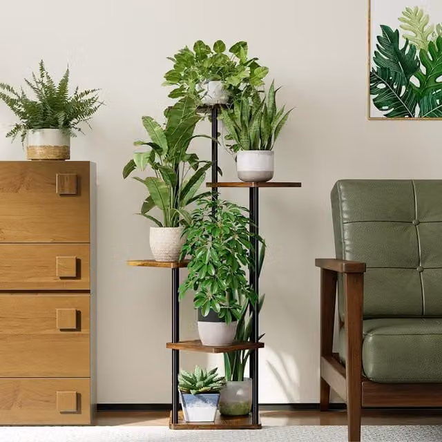 Livingandhome 5-Tier Industrial Metal and Wood Plant Display Stand in Black and Natural Wood Colour