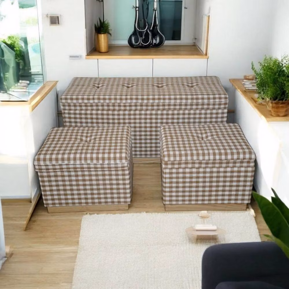 Minster Set of 3 Brown Chequered Rectangular Ottoman Stools with Storage – 2