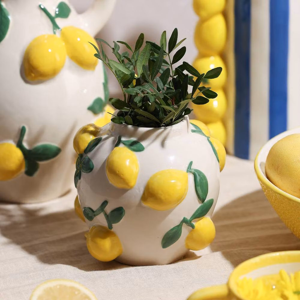 Widdop and Co Hestia Mediterranean-Style Ceramic Vase with Embossed Lemons in White and Yellow, H 12.0 cm x W 12.0 cm x D 12.0 cm – 2