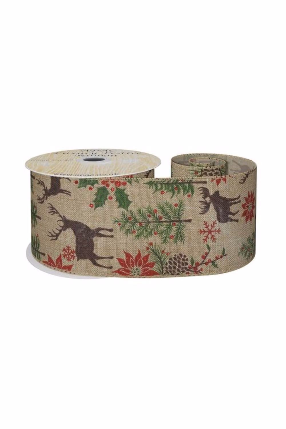 KDMD Natural Deer and Foliage Ribbon in Light Sand, Width: 6.3 cm, Length: 9.14 m – 2