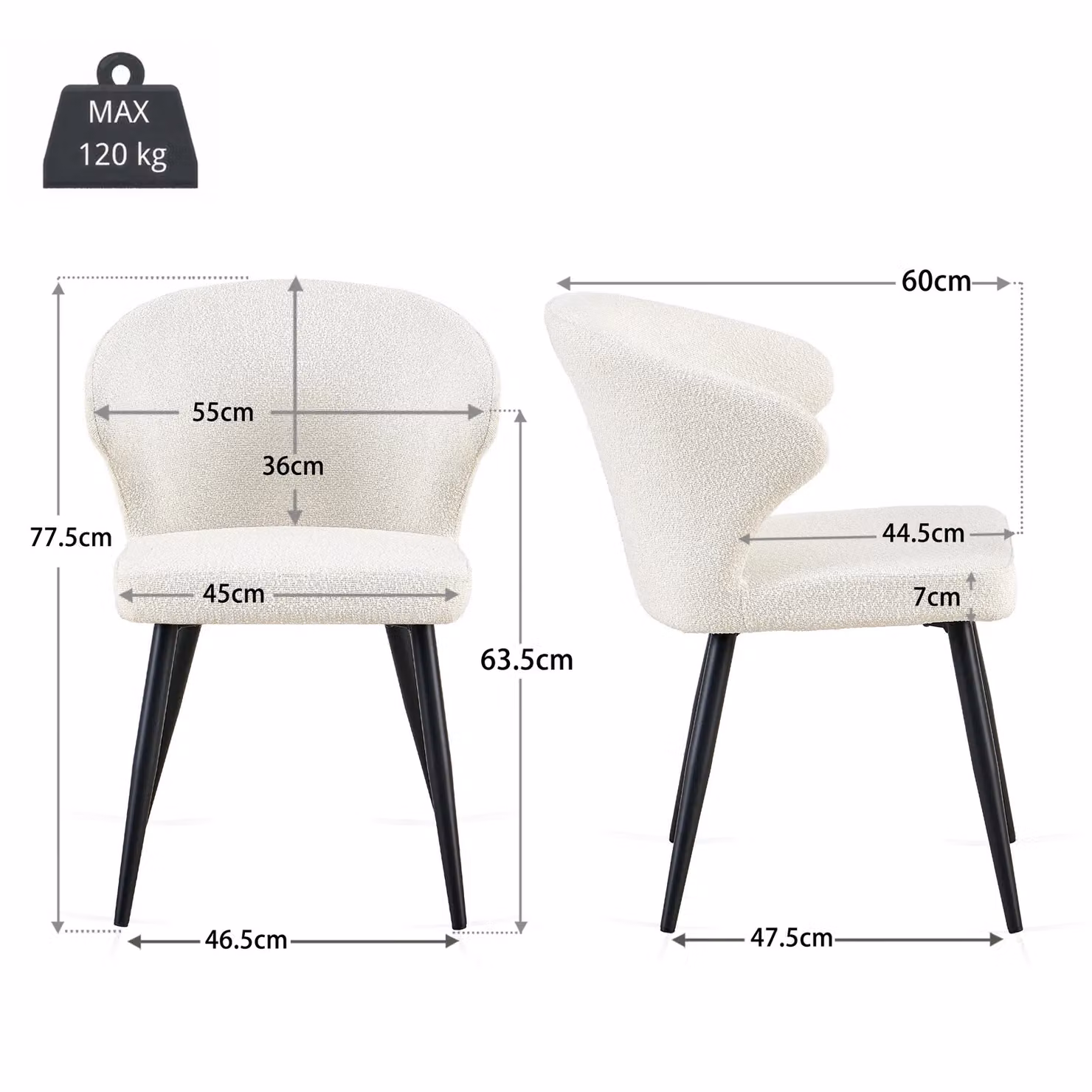SONARA Set of 2 Modern Bouclé Fabric Dining Chairs with Armrests and Matt Black Metal Cross Legs in White – 2
