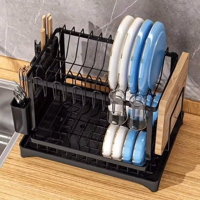 Dyzi 2-Tier Rectangular Dish Drainer Rack with Cutlery Holder and Drip Tray, Black Coated Steel