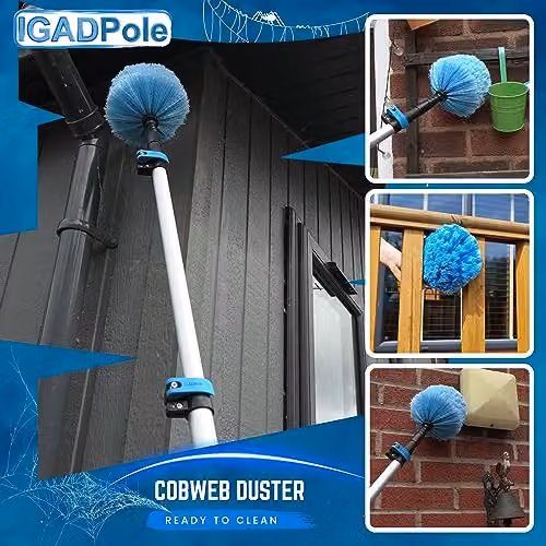 IGAD 12ft All-in-One Window Washing and Dusting Kit with Telescopic Handle and Microfibre Attachments in White and Blue – 3
