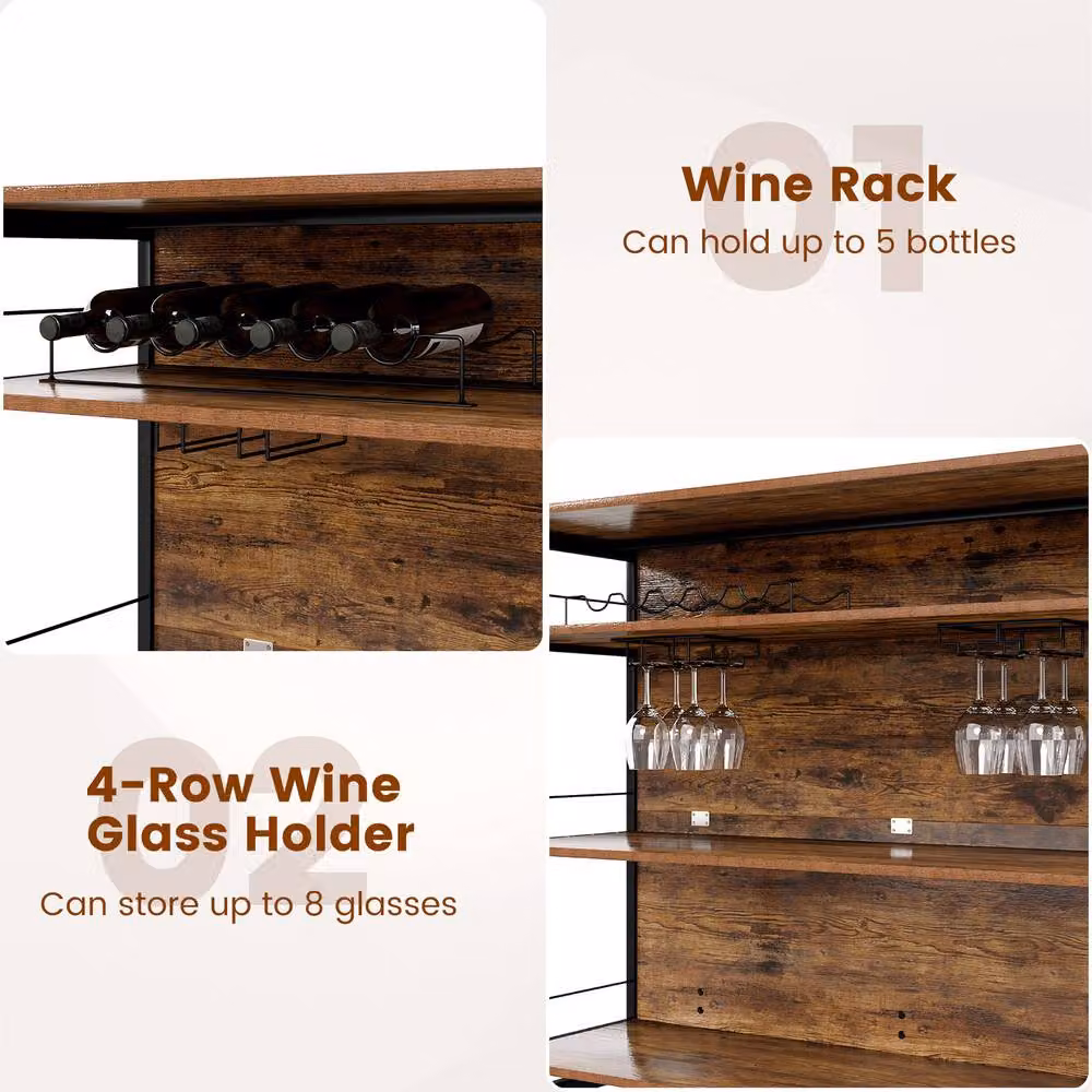 Costway 2-in-1 Industrial Home Bar Unit and Wine Cabinet with 4 Shelves and 4-Row Glass Holders in Brown – 8