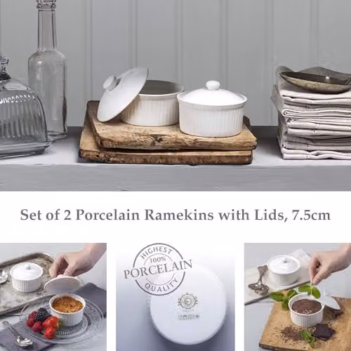 WM Bartleet & Sons White Porcelain Ramekins with Lids, Set of 2, 7.5cm Diameter – 3