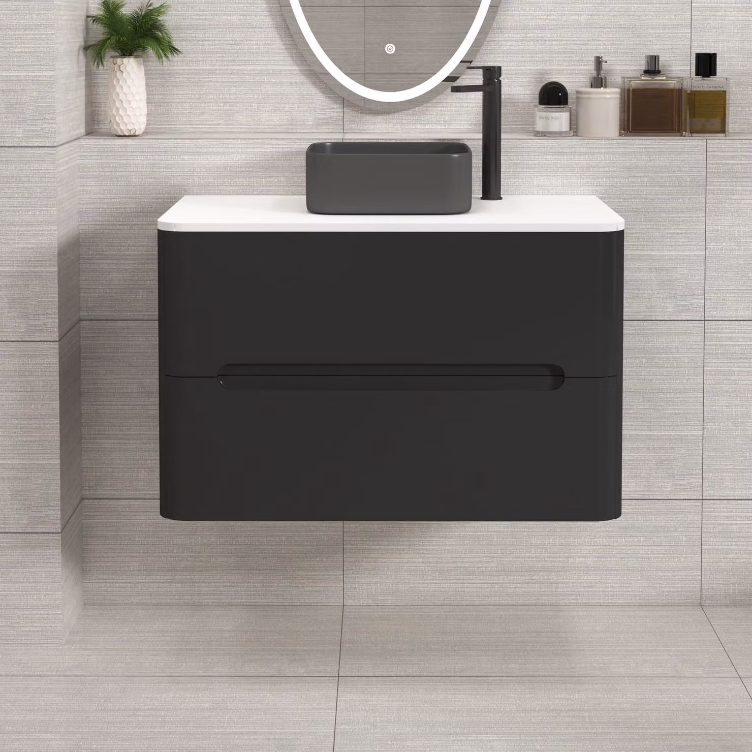 Royal Bathrooms Venice 800mm Wall Hung Vanity Unit in Matt Nocturne Black with 2 Drawers, Plain White Worktop and Art Square Basin
