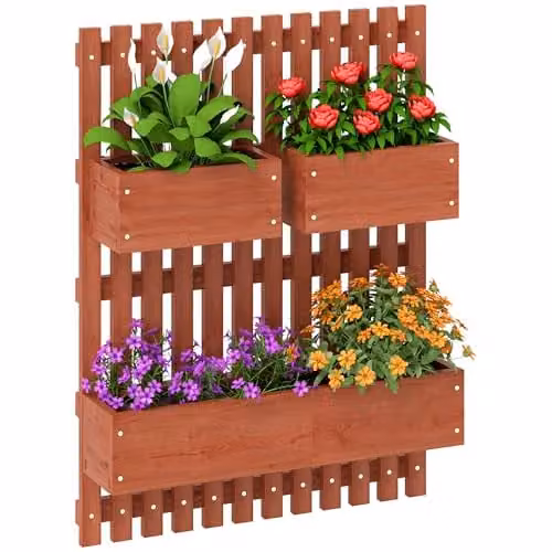 Outsunny Brown Wooden Wall-mounted Garden Planters with Trellis and Tub – 1