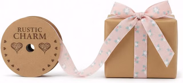 Kingsbury Gifts Vintage Elegance Linen Look Floral Ribbon, Light Pink, W: 25 mm, L: 10 m