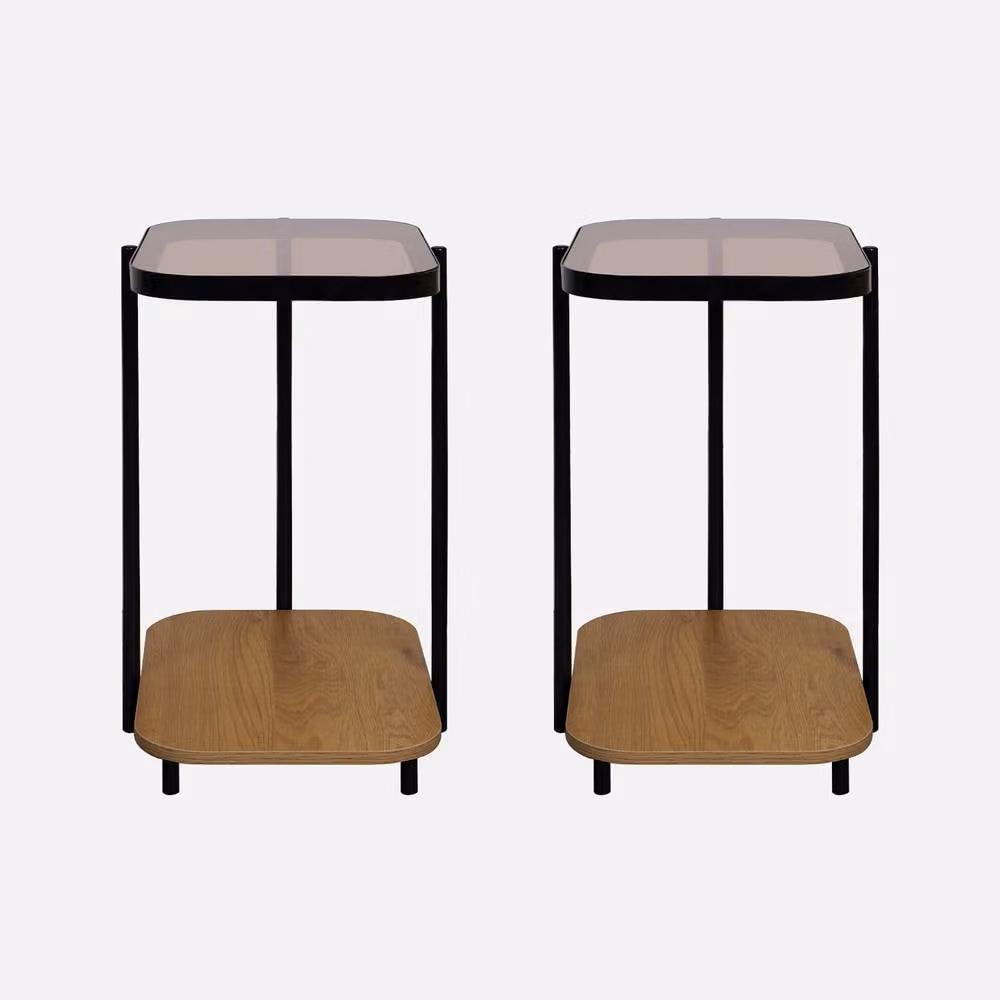 sweeek Set of 2 Vintage Round Side Tables with Black Metal Frames and Light Brown Glass Tops, H 60 cm x W 37 cm x D 37 cm