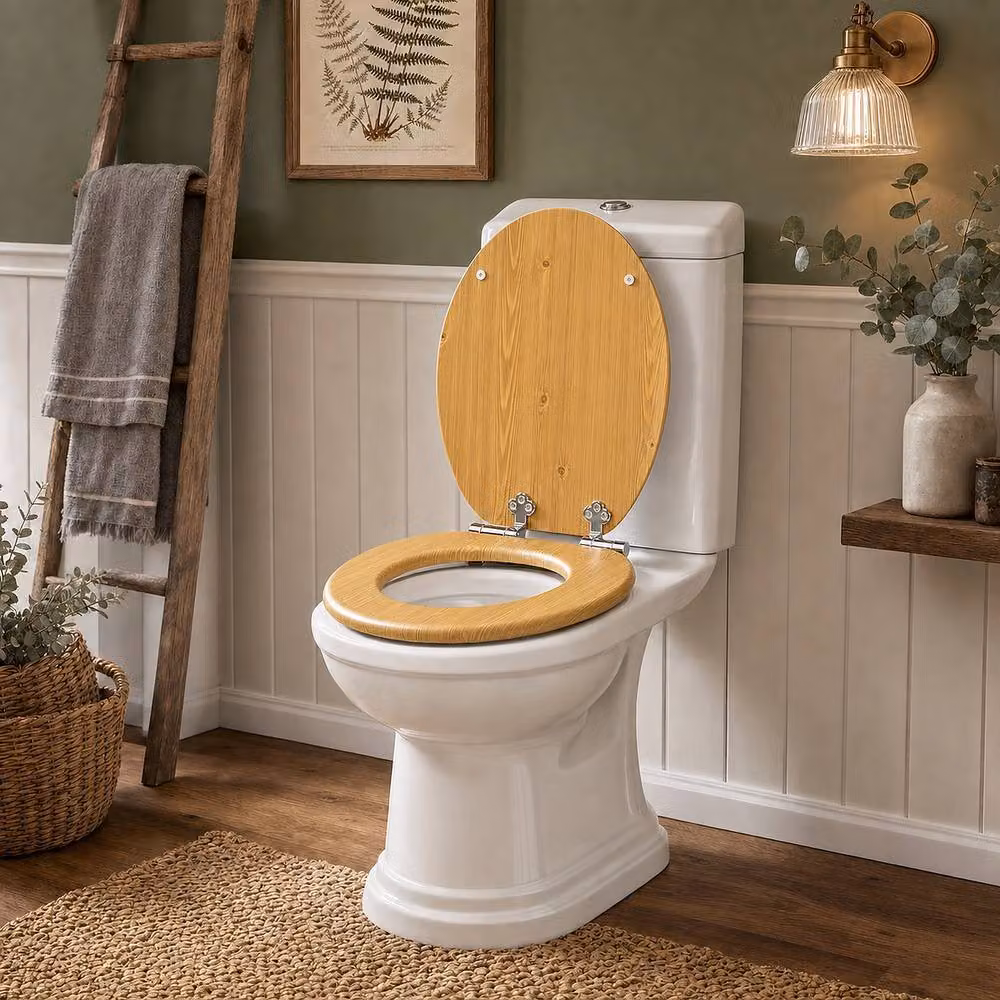 SINOBATH Antibacterial MDF Soft Close Toilet Seat with Quick Release Hinges, Light Brown, Oval Shape – 2