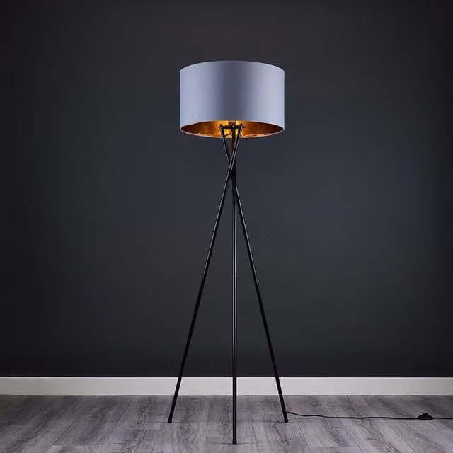 ValueLights Camden Tripod Floor Lamp with Metallic Inner Shade and Bulb in Gold and Black