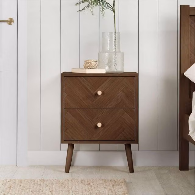 Birlea Herringford 2 Drawer Oak Brown Wooden Bedside Table in Walnut