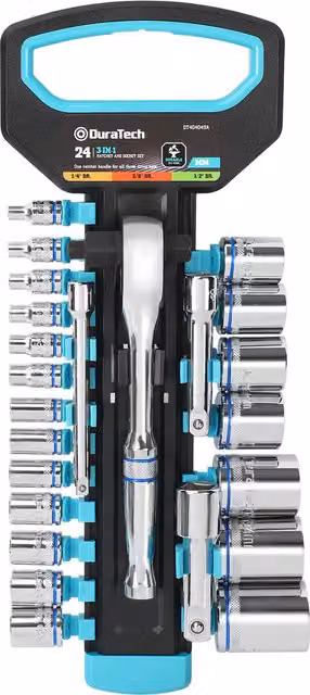 DuraTech 24 Piece 3 in 1 Ratchet and Socket Set in Silver Chrome Vanadium Steel