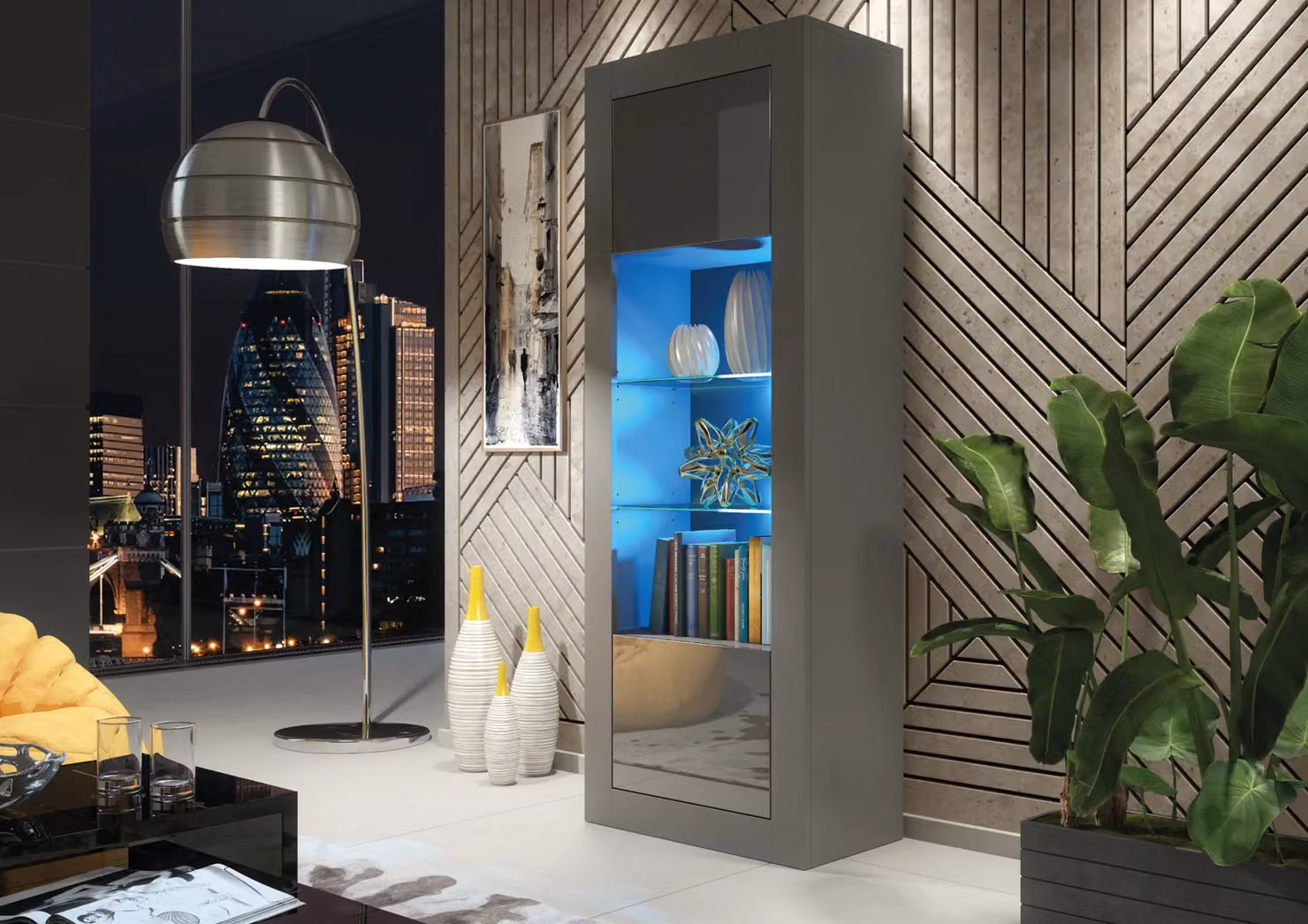 Mex Furniture LTD Modern Glossy Display Cabinet with LED Lighting and Glass Doors in Dark Grey, Height: 170 cm – 3