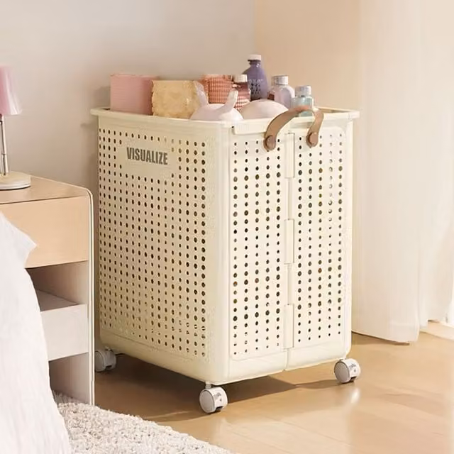 Livingandhome Collapsible Laundry Basket with Wheels, Beige and White, W: 55 cm, D: 36 cm