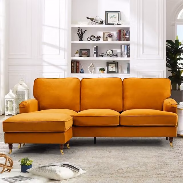 Artemis Home Woodbury Reversible Velvet Fabric L-Shape Corner Sofa with Matching Ottoman, Orange, Width: 218 cm