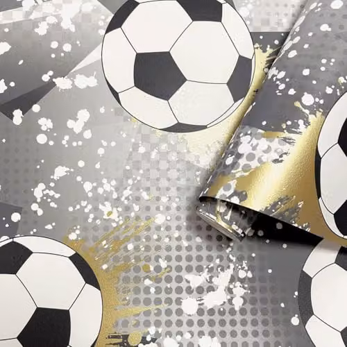 Holden Decor Storybook Football Frenzy Sport Themed Metallic Textured Wallpaper for Kids Bedrooms and Playrooms in Grey, Green and White – 3