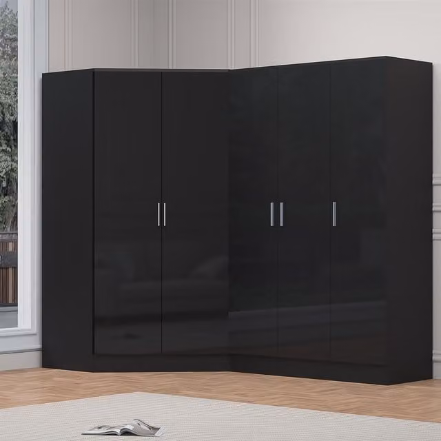 Reflect 2 Piece Wardrobe Bundle with Corner and 3 Door Wardrobes in Black Gloss and Black Oak Finish, H 180 cm x W 215 cm x D 103 cm – 1