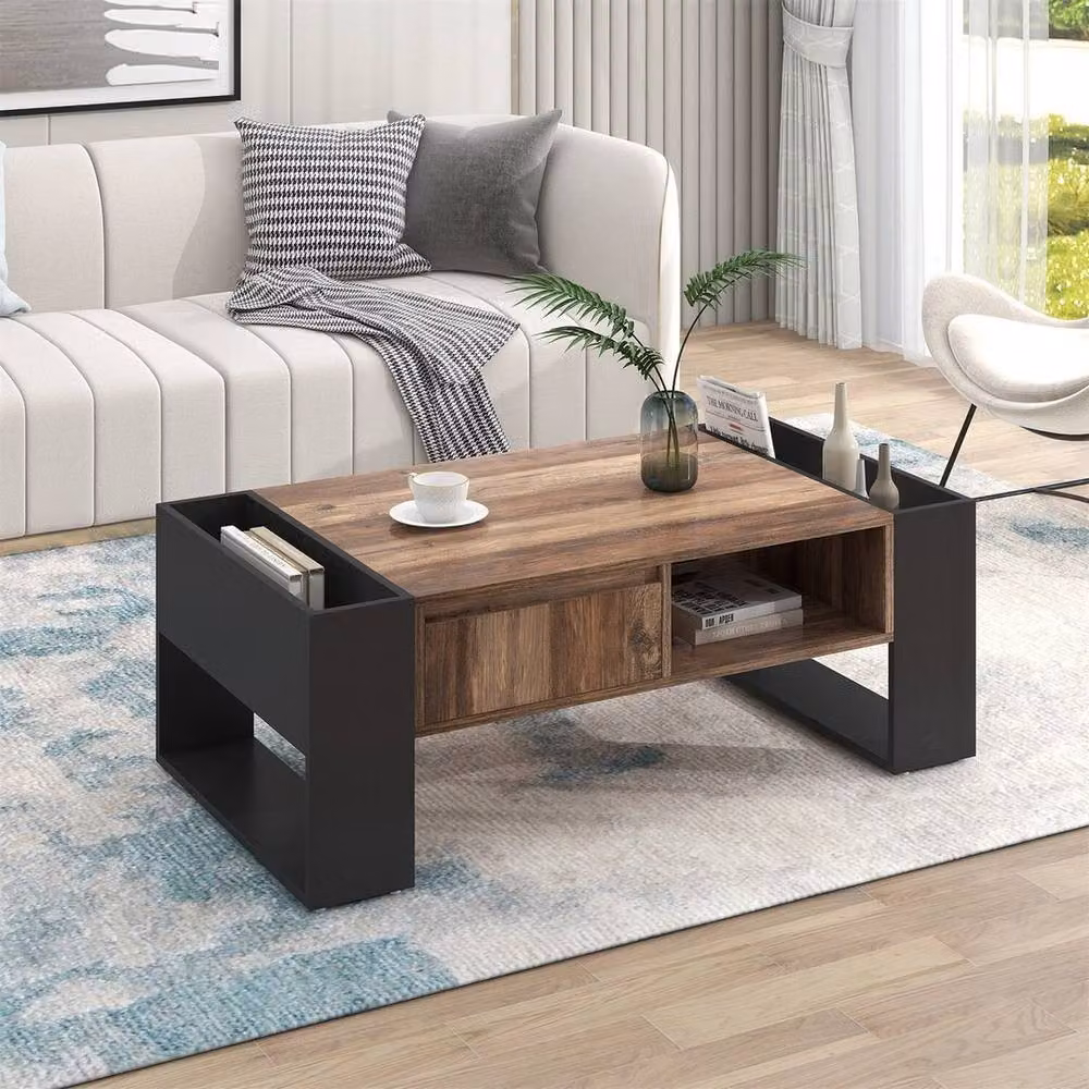 KORVIXA Square Coffee Table with Storage Drawer in Brown and Black, W/D/H: 100 x 100 x 2.87 cm – 3