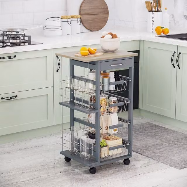 HOMCOM Grey and White Kitchen Island Trolley with 4 Baskets, 2 Side Racks and Drawer Worktop – 1