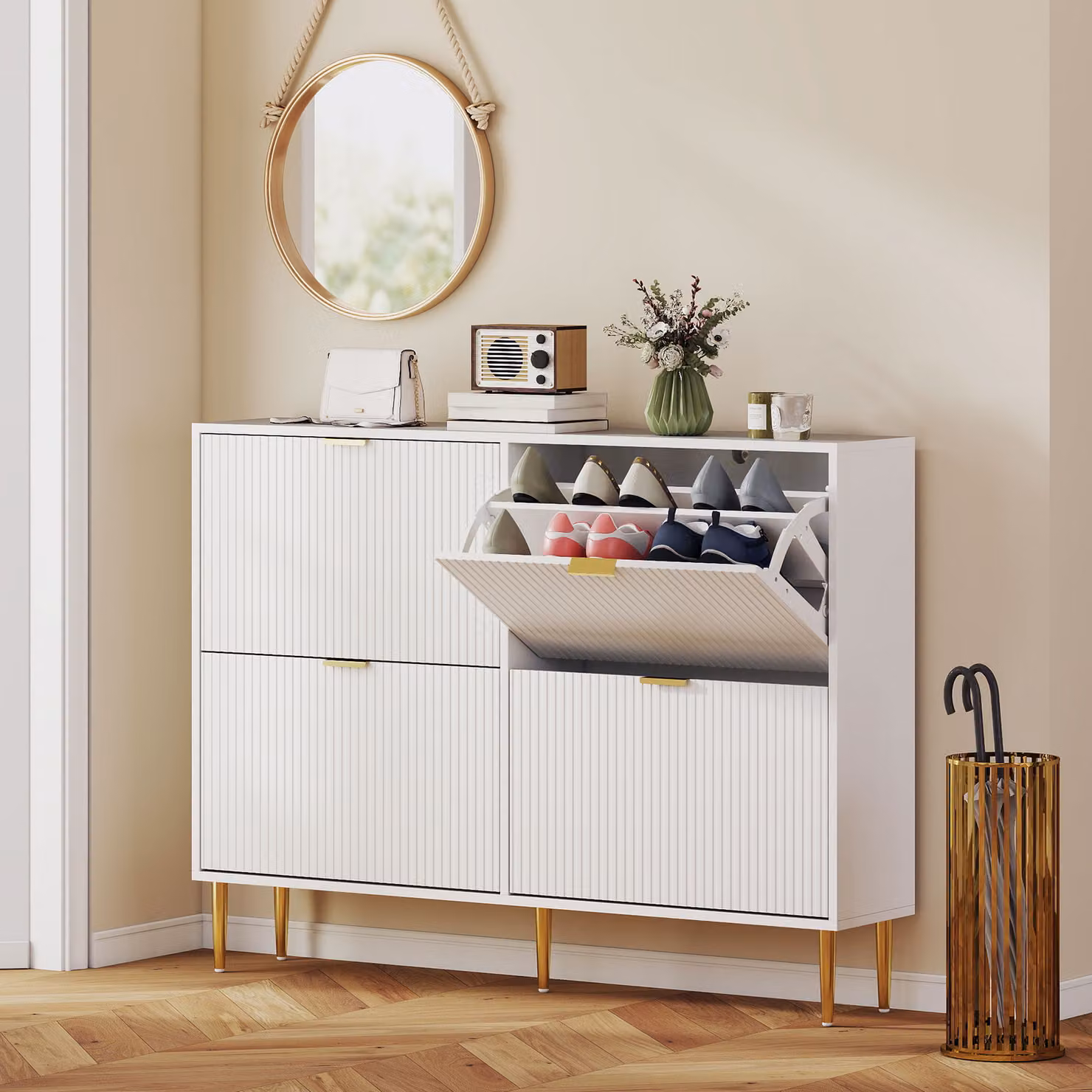HOMCOM Modern Narrow White Shoe Cabinet with 4 Tilting Compartments and Gold Metal Details, H 105.0 x W 91.5 x D 24.0 cm – 2