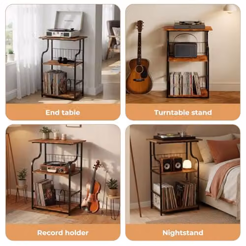 Levede 3-Tier Vintage Record Player Stand and Vinyl Storage Side Table in Brown and Black, W/D/H: 50 x 30 x 74 cm – 8