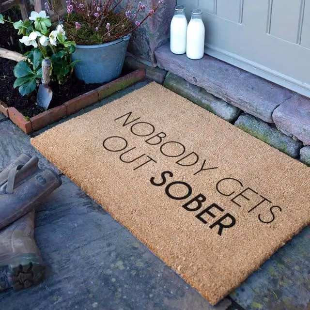 Artsy Mats Nobody Gets Out Sober Country Coir Doormat in Grey and Brown, W: 90 cm, D: 60 cm