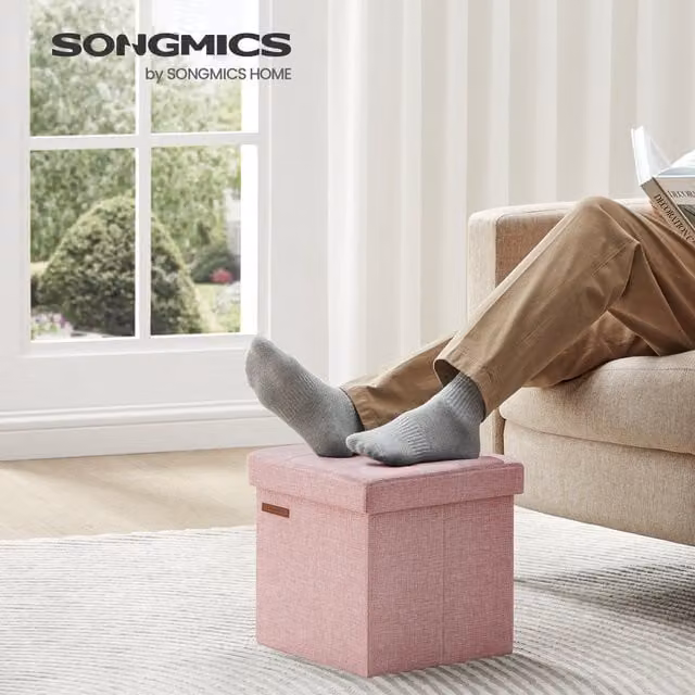 SONGMICS Foldable Storage Ottoman Footstool in Pink
