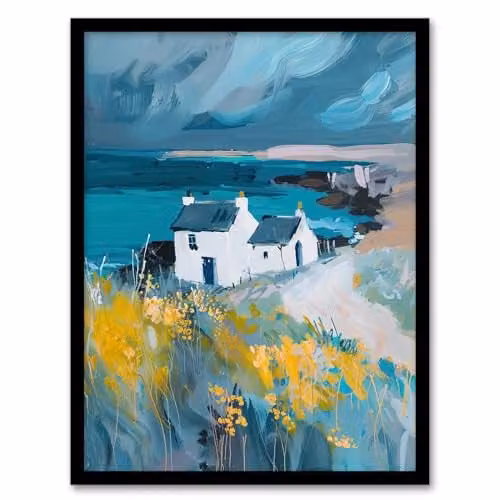 Artery8 Coastal Scottish Cottage Wildflowers Framed Wall Art Print, Multicolour, W: 21.0 x H: 29.7 cm