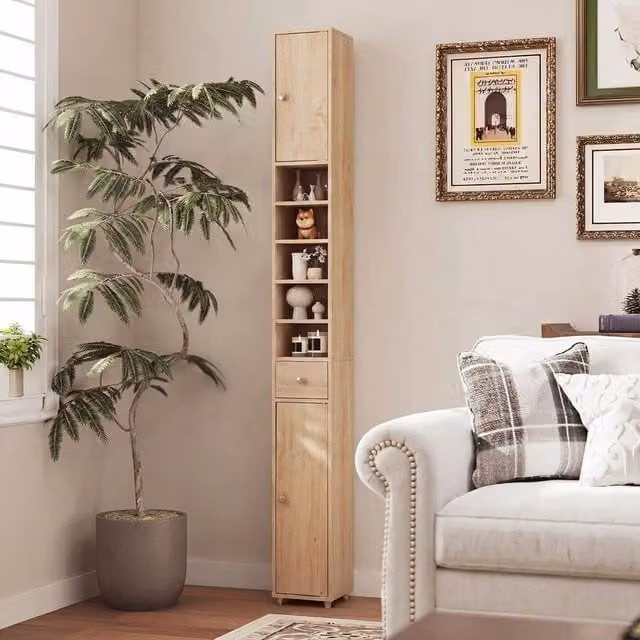 SPETLEK Tall Slim Freestanding Cabinet in Natural Brown and Beige with Hinged Doors and Internal Drawers, Height: 180 cm