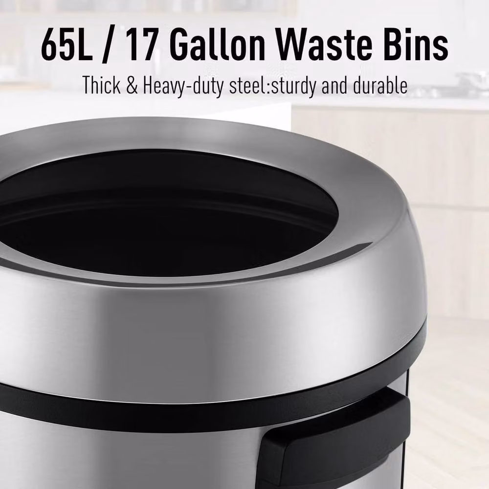 VOGREX 17 Gallon Oval Stainless Steel Kitchen Waste Bin with Flip Lid in Silver – 5