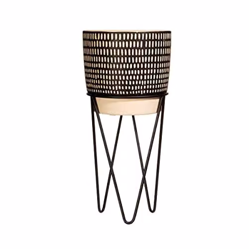Sass & Belle Black Dash Cement Planter with Wire Stand, Square Geometric Tabletop Design in Black and Sand