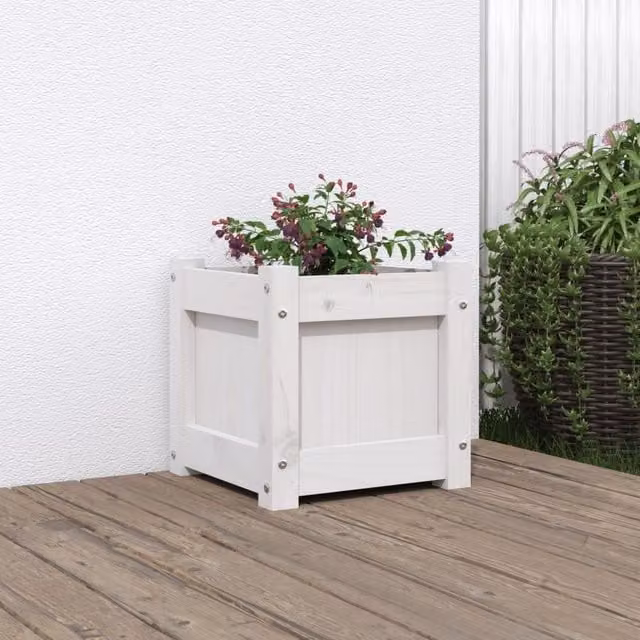 Berkfield Home White Solid Wood Pine Garden Planter Tub W/D/H: 31 x 31 x 31 cm