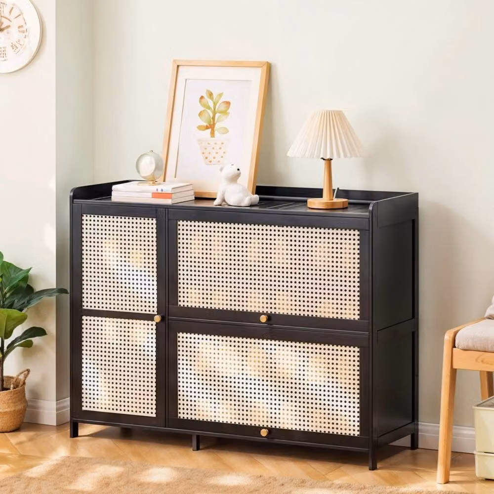 FORGEVIO 3-Door Rattan Shoe Cabinet in Black with Internal Shelves – 3