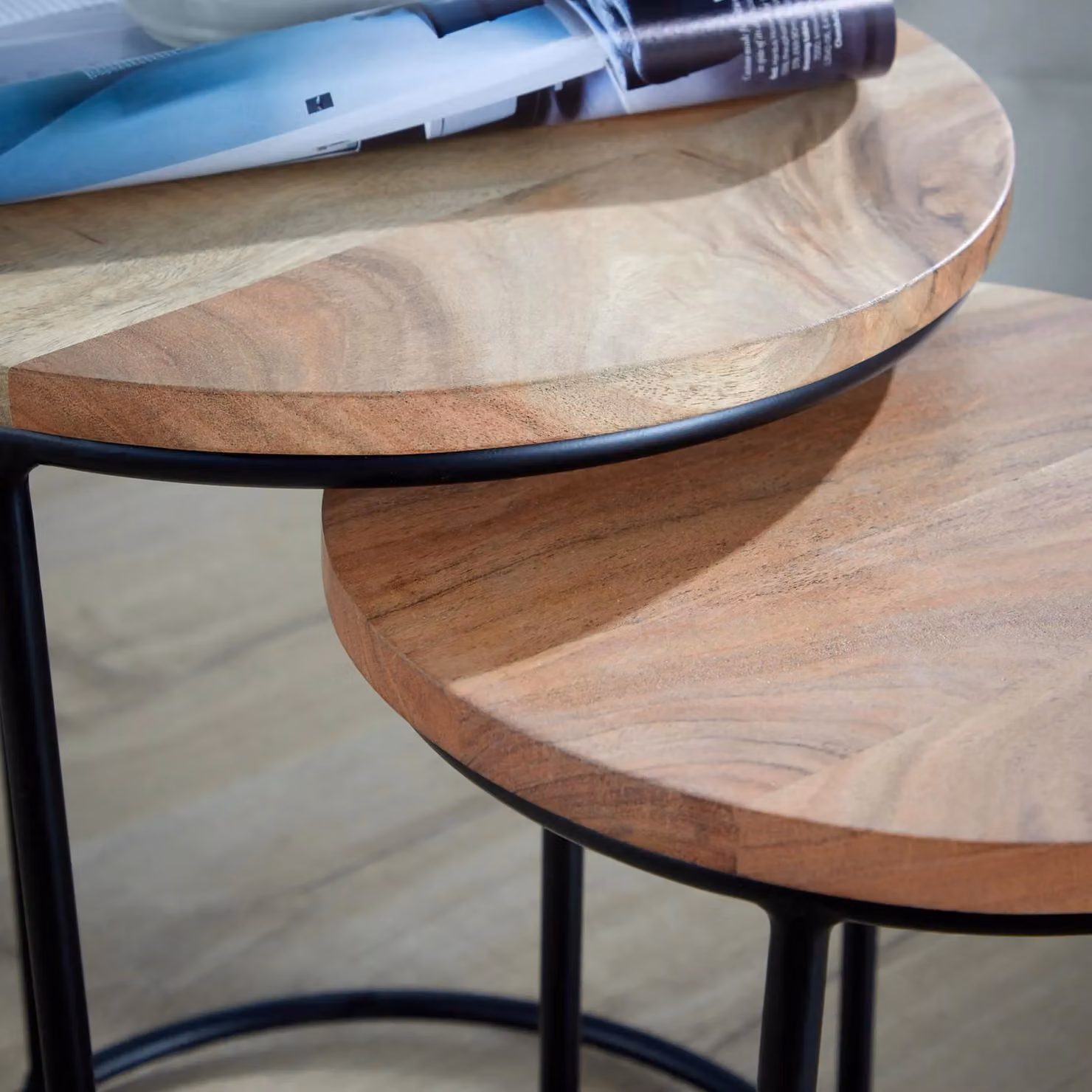 Home Source Nest 2 Round Acacia Wood Tables with Iron Legs in Light Oak – 2