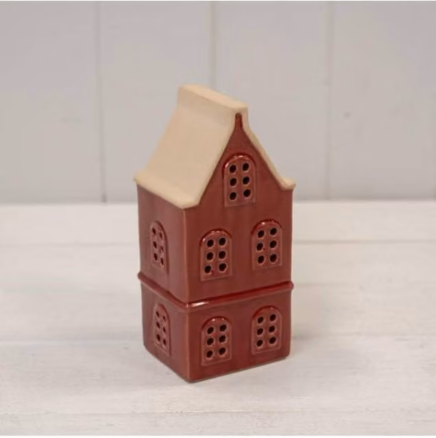 KDMD Small Red Ceramic LED Townhouse with Sand Roof and 6 Hour Timer
