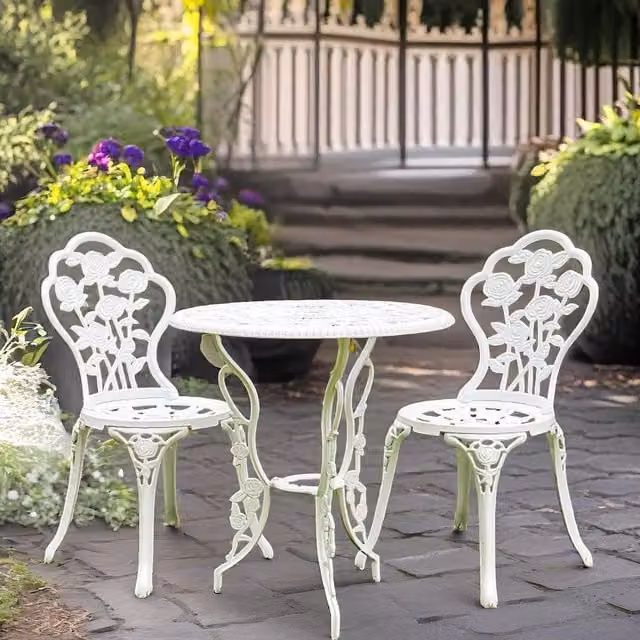 FURNOS Set of 3 Rose Cast Iron Bistro Table and Chairs in White with Floral Design – 1