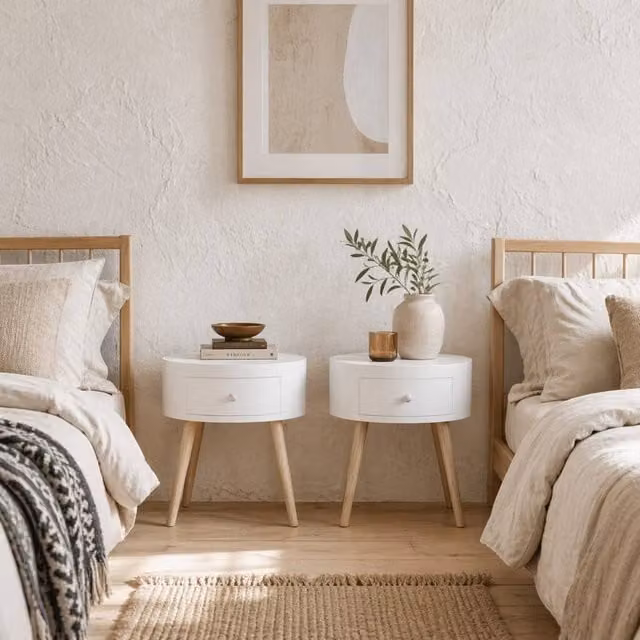 Wyld Haus Ladi Wood Set of 2 White Round Bedside Tables with Drawer Storage, W/D/H: 38 x 38 x 45 cm – 1