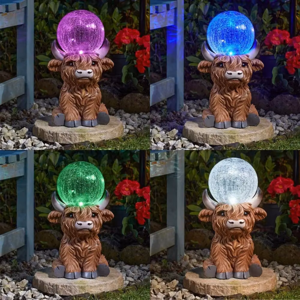 Marco Paul Highland Cow Solar Powered Garden Ornament with Crystal Ball, Multicolour, Height: 36 cm – 5