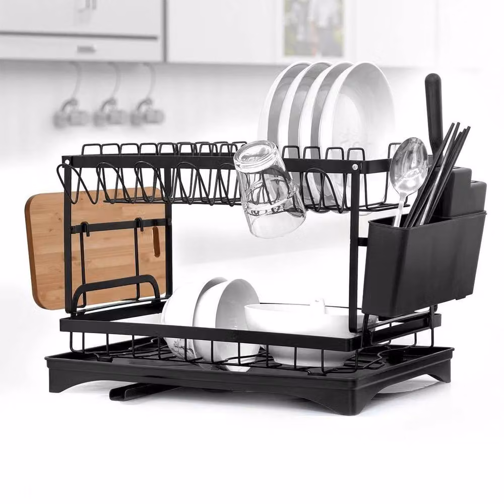NESTLUNE 2 Tier Dish Drying Rack with Cutlery Holder and Plate Stand, Black, W: 100 cm, D: 15 cm, H: 15 cm – 6