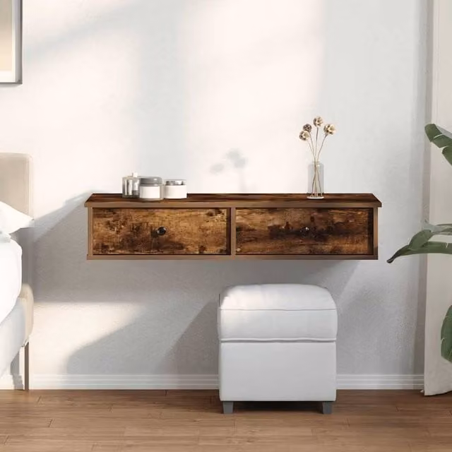 Berkfield Home Wall Mounted Shelf with Drawers in Smoked Oak Brown, W: 100 cm, D: 37.5 cm, H: 19 cm